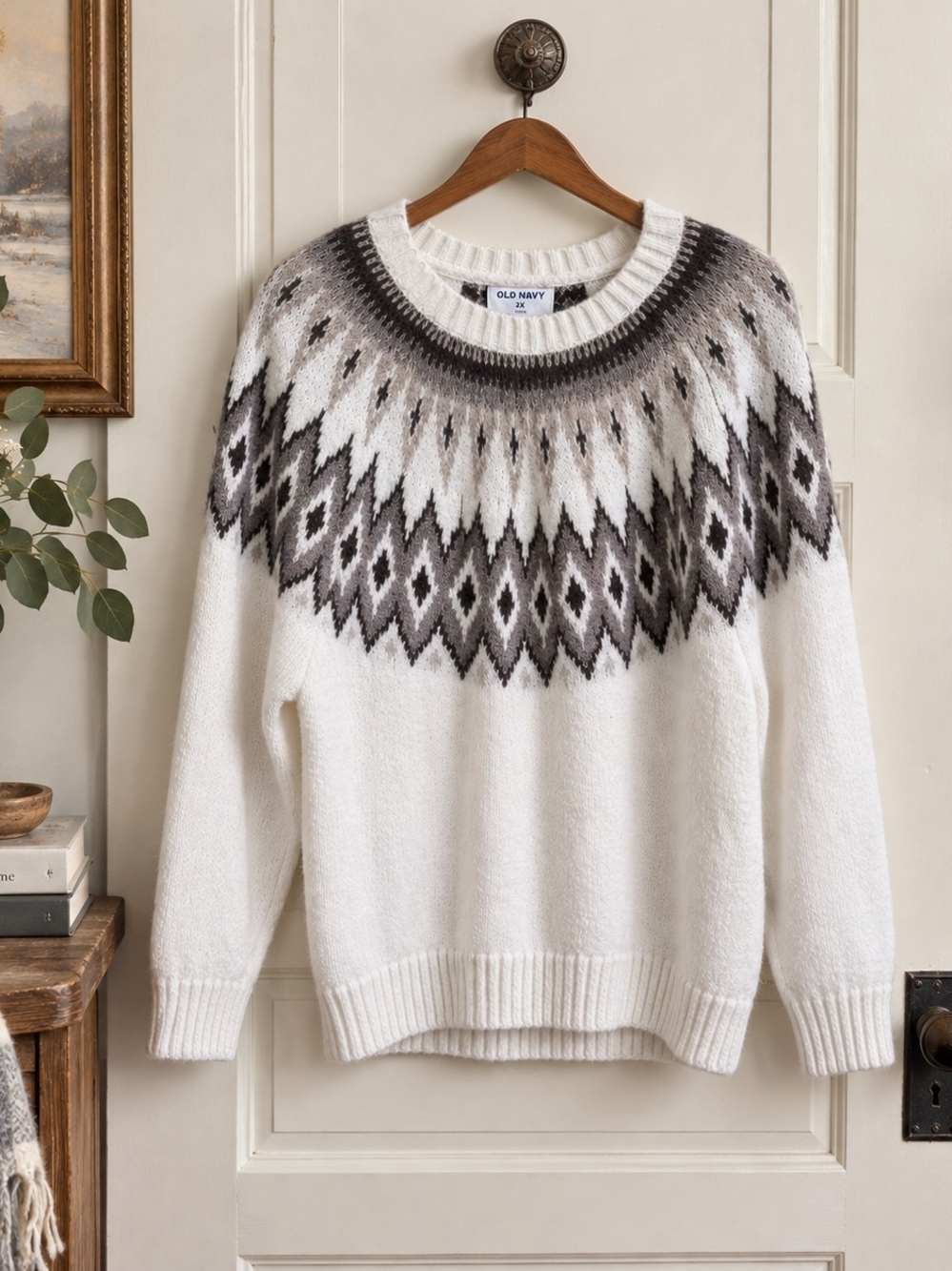Old Navy 2X Fair Isle Nordic Sweater Ivory Gray Wool Blend